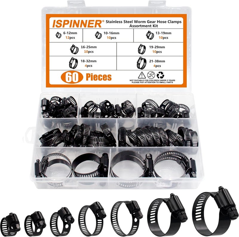 ISPINNER 60pcs Stainless Steel Adjustable 6-38mm Range Worm Gear Hose Clamps Assortment Kit for Plumbing, Automotive, Mechanical Applications (Black) - Image 1
